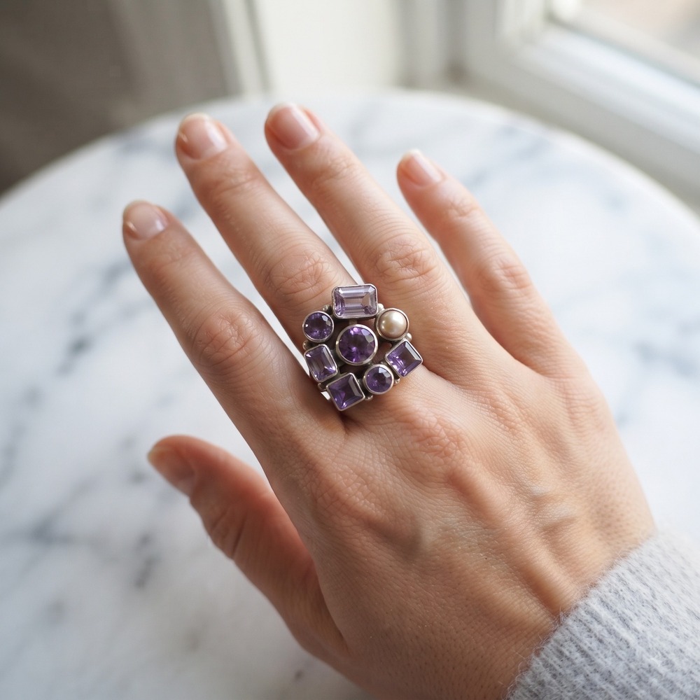 Vintage 925 Sterling Silver Amethyst Pearl Bezel Cluster Cocktail Ring 8.25